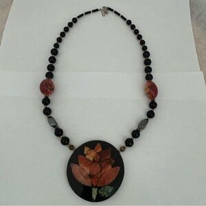 Vintage necklace bold flower Inlay Pendant round black beaded stone lotus 90s